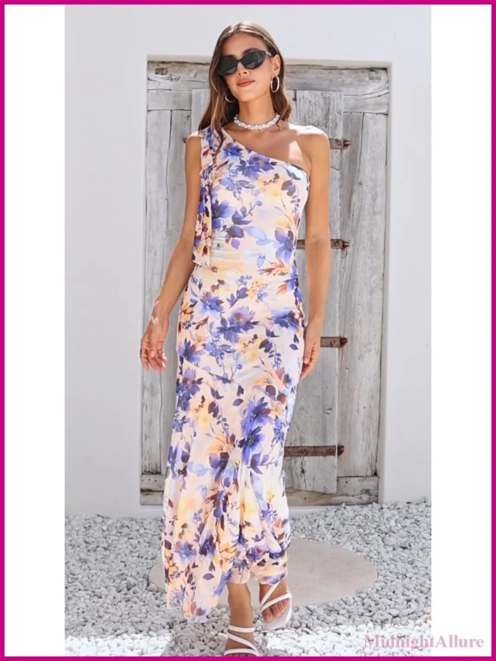 Women's One Shoulder Sleeveless Mesh Bodycon Maxi Dress Floral Mermaid Summer